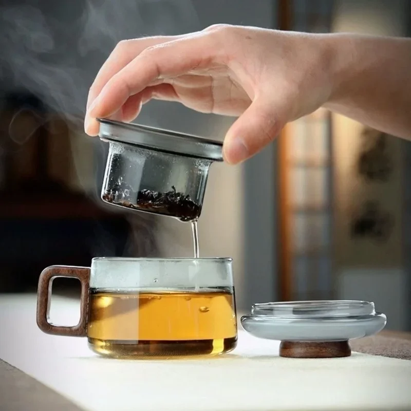 200ml Heat Resistant Glass Tea Infuser Cup with Filter and Wooden Handle Office Tea Separation  Mug Flower Tea Infused Cups