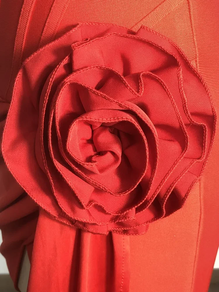 2025 Women Celebrity Sexy Short Sleeve Red Flower Mini Flower Bodycon Bandage Dress Elegant Evening Club Party Outfit