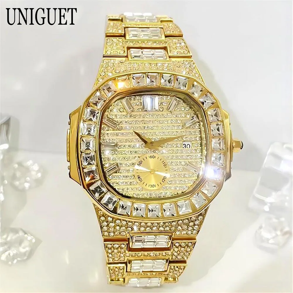 

2026 Brand UNIGUET Mens New Luxury Ice Watches Fashion Gold Stainless Steel Quartz Hip Hop Diamond Shiny Wristwatch Reloj Hombre