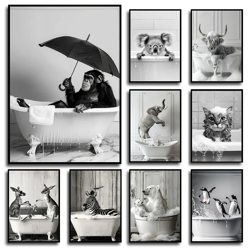 Animals in Bubbles Bathtub Modern Cute Highland Cow Koala Posters and Prints Canvas Printing Wall Art Picture for Bathroom Decor