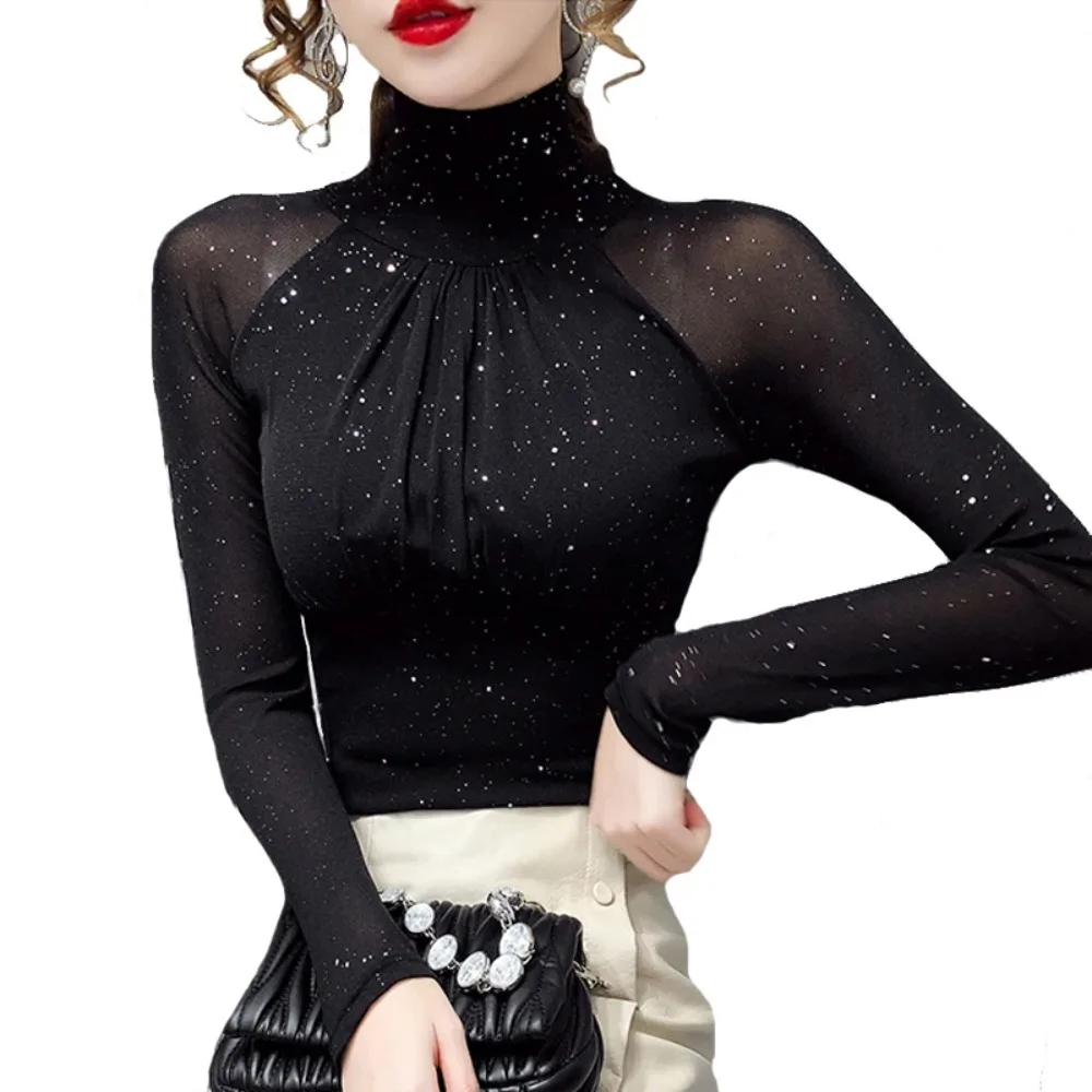 

Korean fashion Women Mesh top High neck Sexy Black bottoming t shirt Casual Bright silk Lady shirt