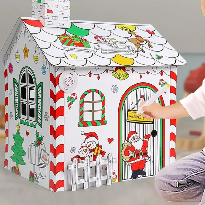 3D Christmas Cardboard Craft House Hand Painted Craft Decoration Kids Cardboard Coloring House Painting Enlightenment Toys For