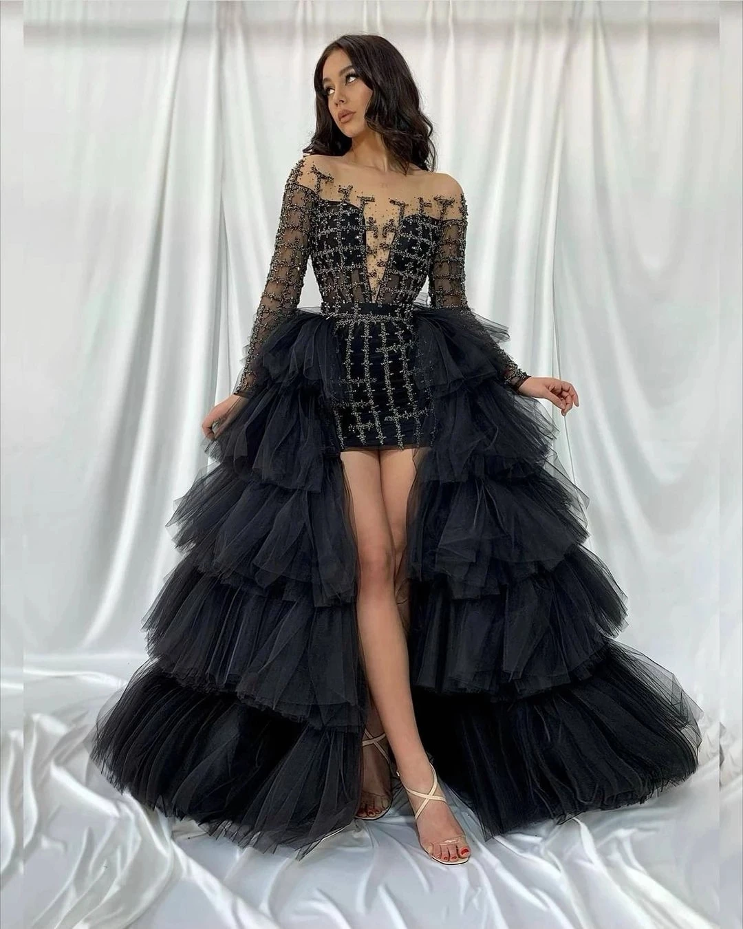 High End Black Ruffled Tiered Tulle Over Wrap Skirts Women Maxi Skirt Long Puffy Tulle Skirt Hand Made Bridal Detachable