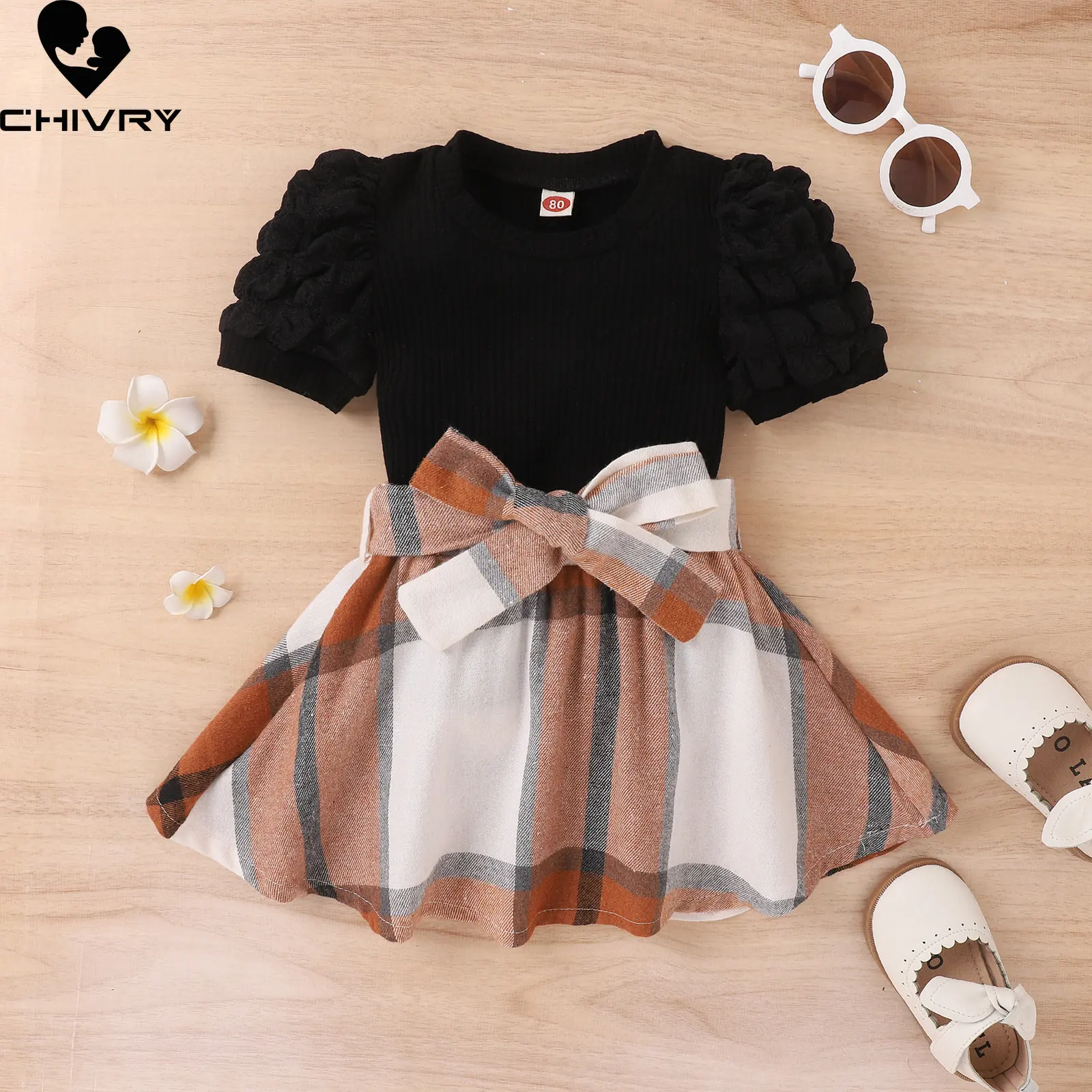 

Girls Summer Clothing Sets New 2023 Baby Girl Puff Sleeve O-neck Solid T-shirt Tops with Plaid Skirt Kids Two-piece Clothes