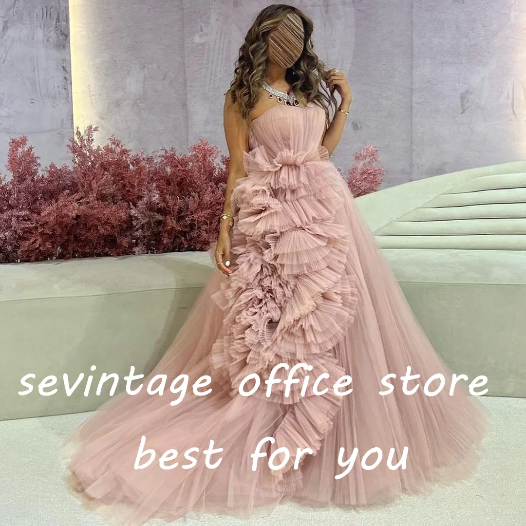 Sevintage Pink Saudi Arabic Tiered Ruffles Tulle Evening Dresses Strapless Pleat Ruched A-Line Prom Dress Wedding Party Gown