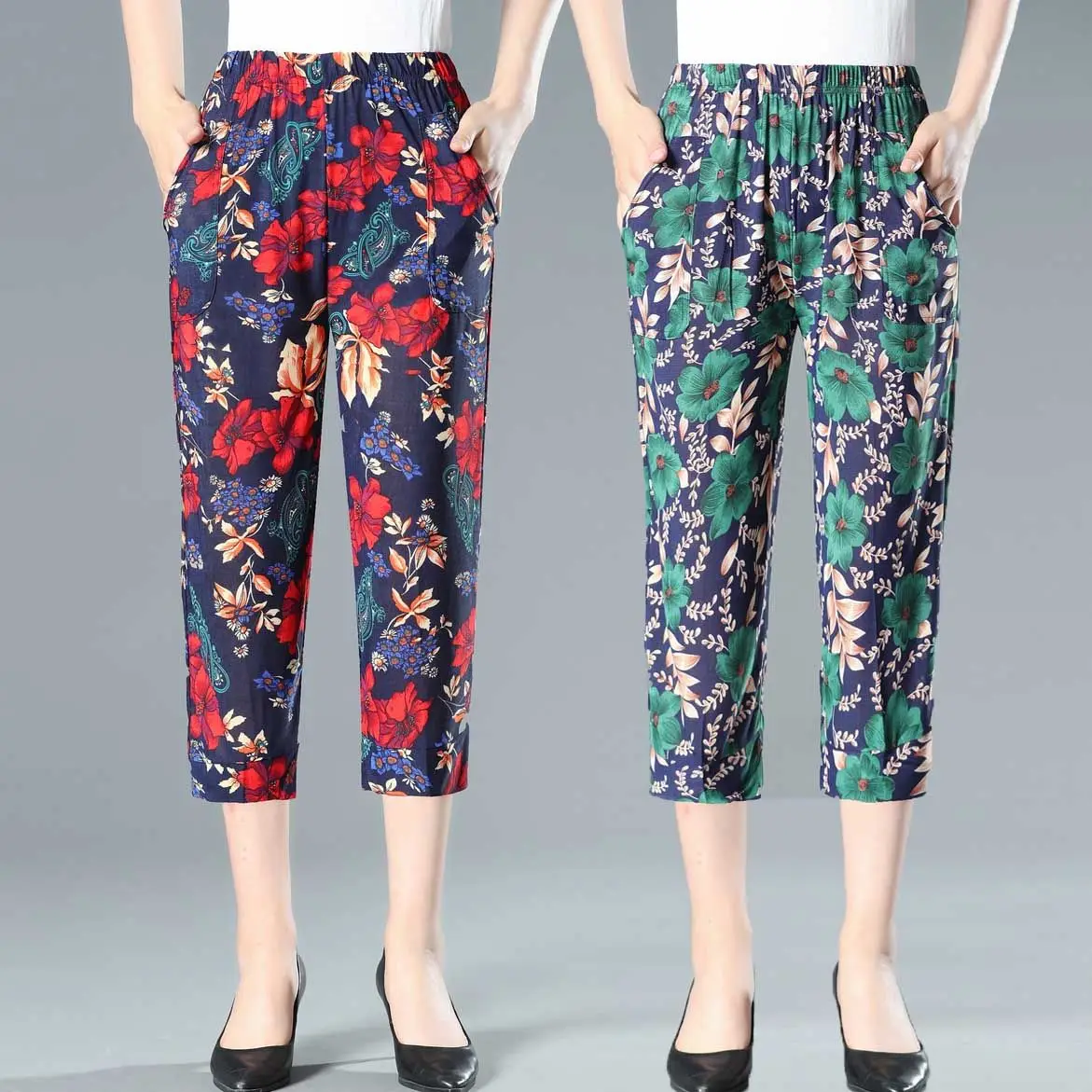 Summer Middle-aged And Elderly Women's Cropped Pants,High Waisted Elastic Mother's Casual Floral Printed Trousers 3XL