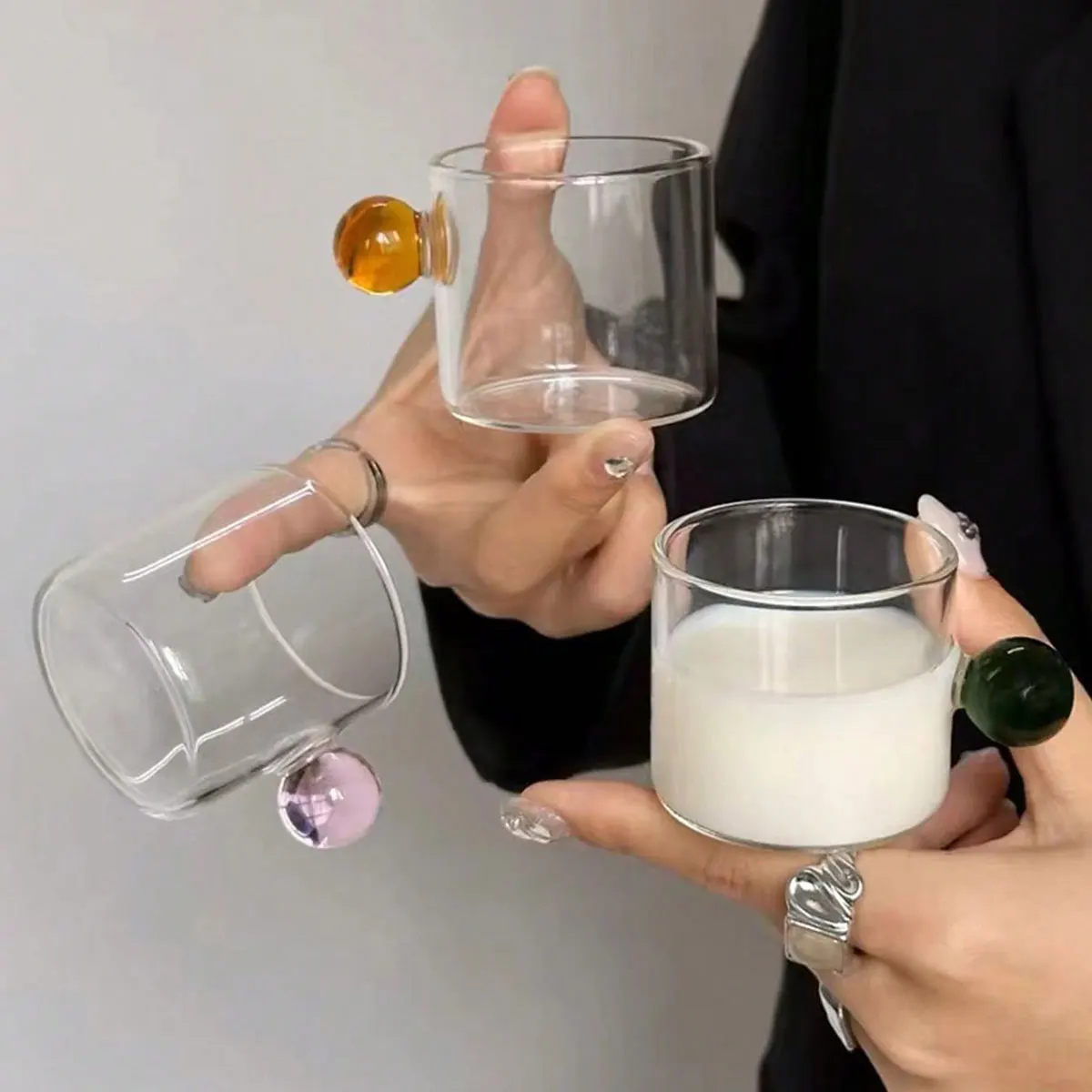 High-Quality Colorful Glass Milk Cups with Round Ball Handles, Espresso Latte Coffee Cups, Small Measuring Cups, Small Milk Jugs, Mixed Color Set of 6 Pieces