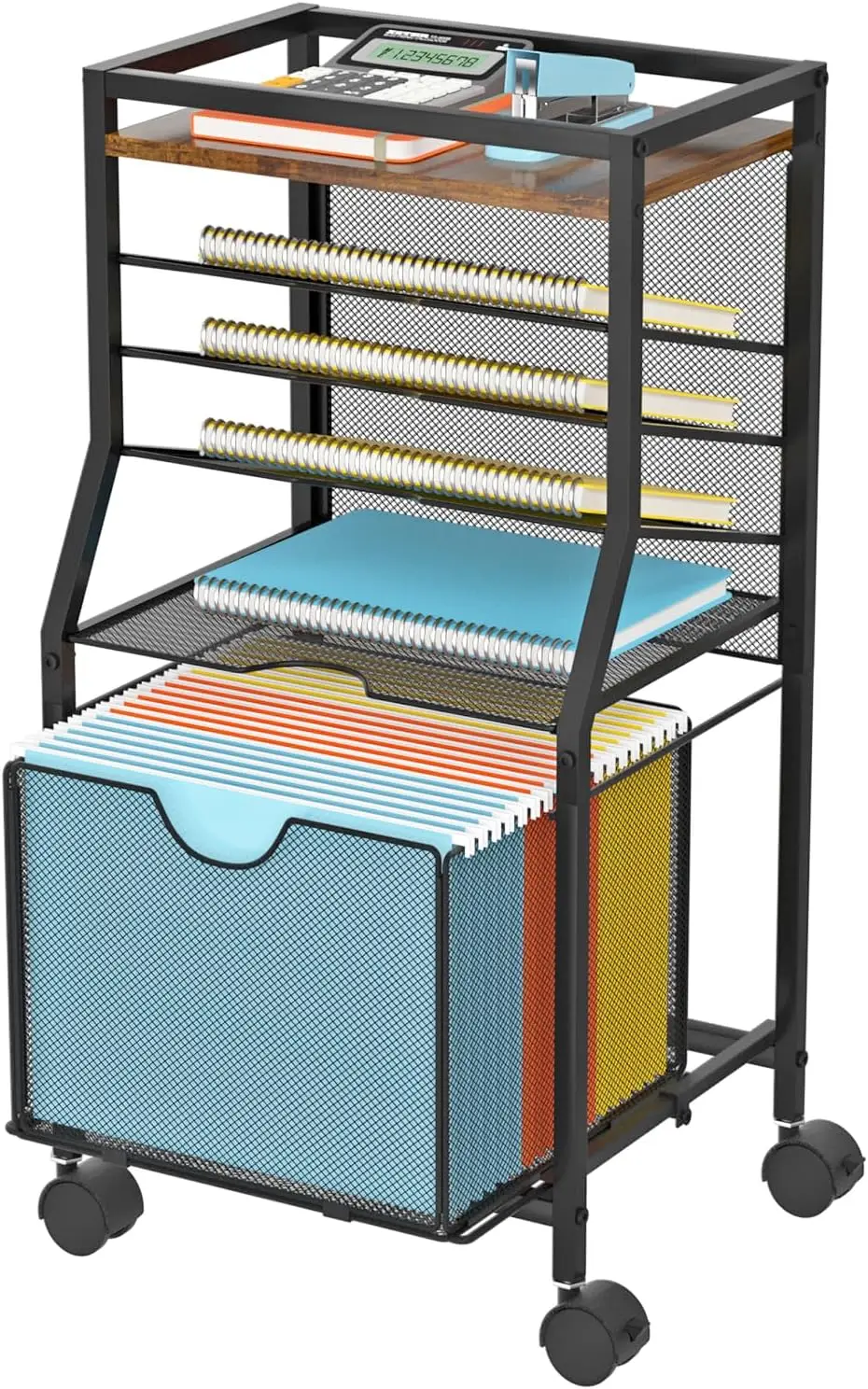 

6-уровневая тележка на колесиках с запираемыми колесами, сетчатым ящиком и деревянными досками — организация офиса, дома и школы