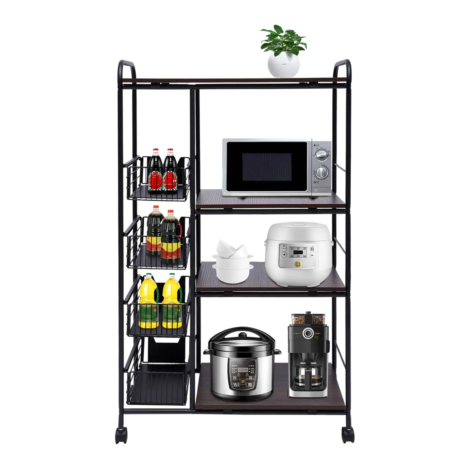 4 Tiers Kitchen Storage Shelf with 4 Drawers, Heavy Duty Storage Shelves Kitchen Bakers Rack with 4 Swivel Wheels