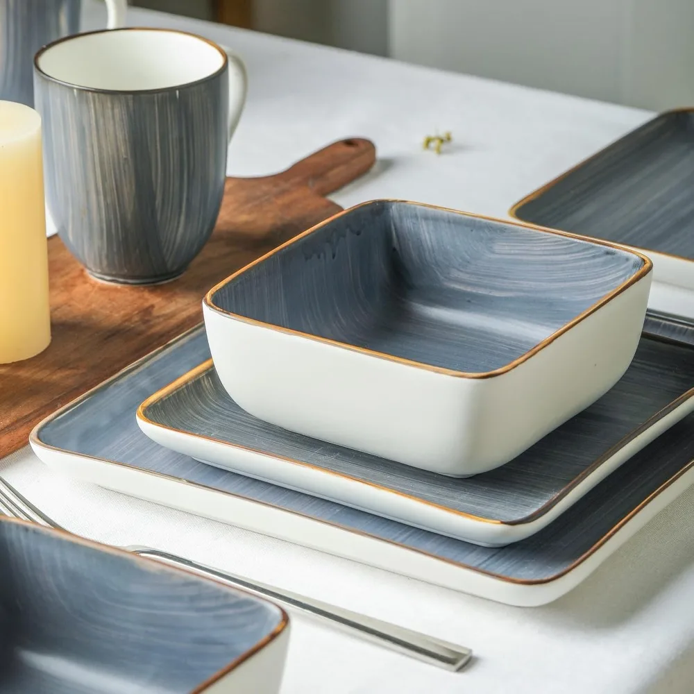 Esmeralda Porcelain Dinnerware Set, Service for 8 32 Pieces Square Grey Brushed Design