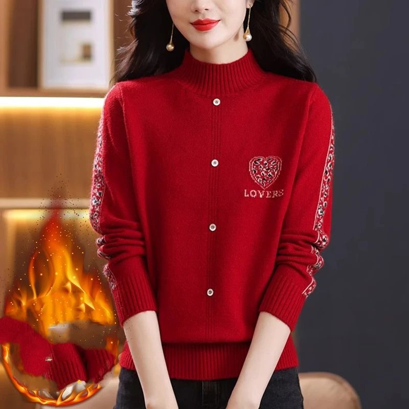 Sweater Knitted Long Sleeve Pullover Casual Elegant Women's Button Lace Splicing Geometry Autumn Winter Screw Thread Tops