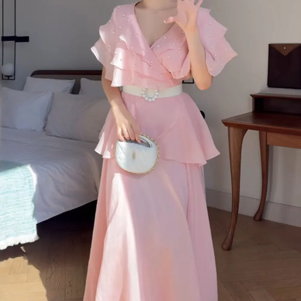 Abiti da sera a trapezio personalizzati Abito da ballo senza maniche con scollo a V alla caviglia Abito da festa drappeggiato con stola a strati con perline di moda