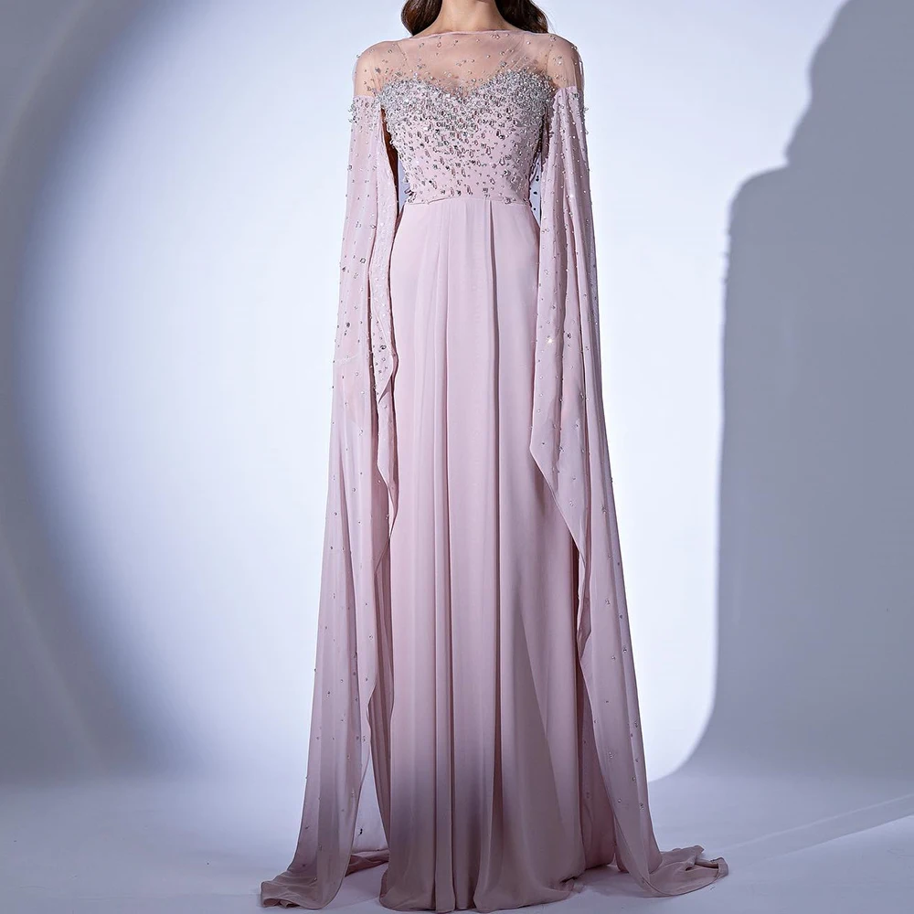 

Customized Exquisite Jersey Straight Cap Sleeve Crystal Evening Dress O-neck Sleeveless Floor Length Watteau Train Prom Gowns