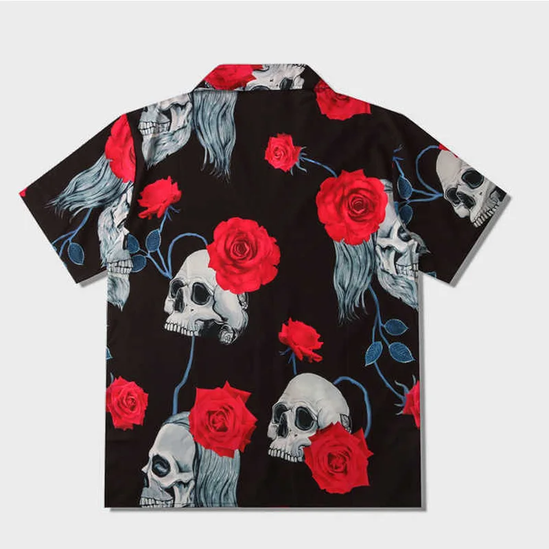 New Arrival Retro Loose Cuban Collar Shirt Men's Rose Skull Print Korean Fashion Trend Short Sleeved Shirts