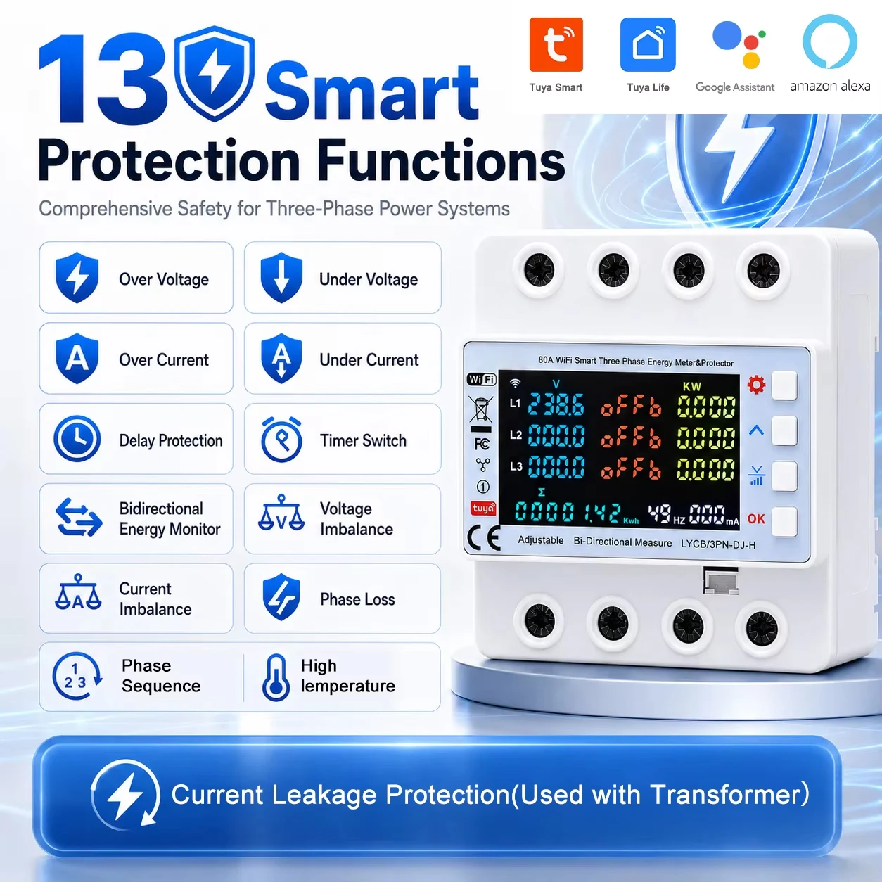 Tuya WiFi 4P 80A Three-Phase Smart Meter Timer Breaker with Auto-Reclosing, Voltage Protection for Smart Life