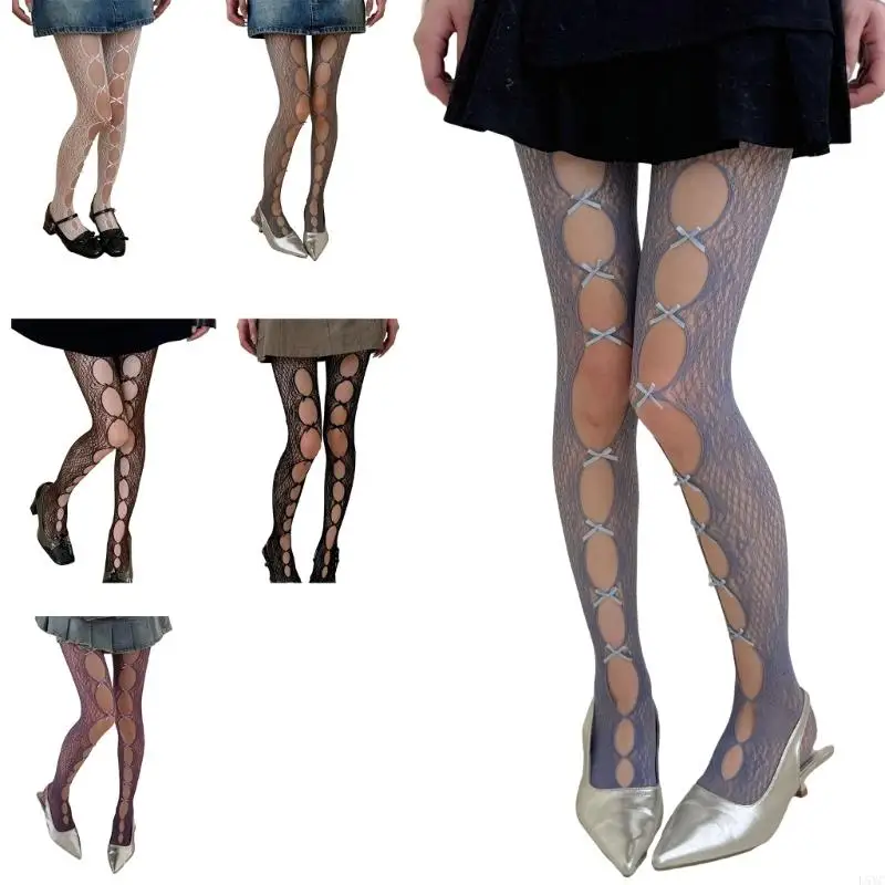

L5YC Women Aesthetic Colorful Tights Stockings Japanese Styles Sheer Cutout Bowknot Embellished Pantyhose Leggings
