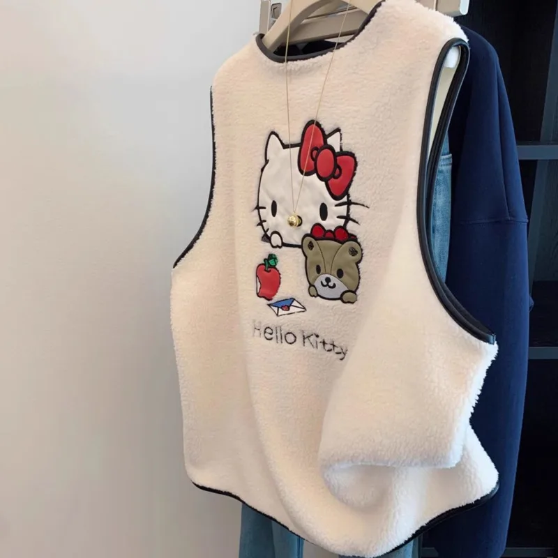 Hello Kitty Sleeveless Faux Shearling Vest with Smiley Pocket & Peek-a-Boo Design, Kawaii Cartoon Vest for Women's Casual Wear