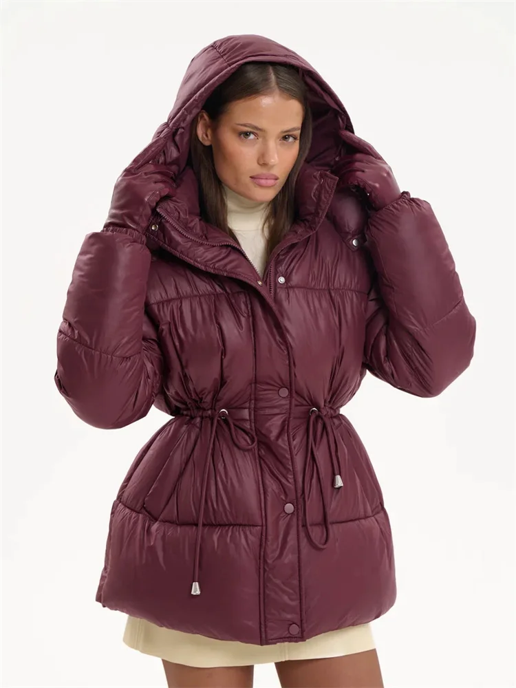 

Tsiisd Winter Drawstring Hooded Short Parker Coat Warm Stand Collar Solid Pocket Zipper Commuting Long Sleeves Parker Coat 2026