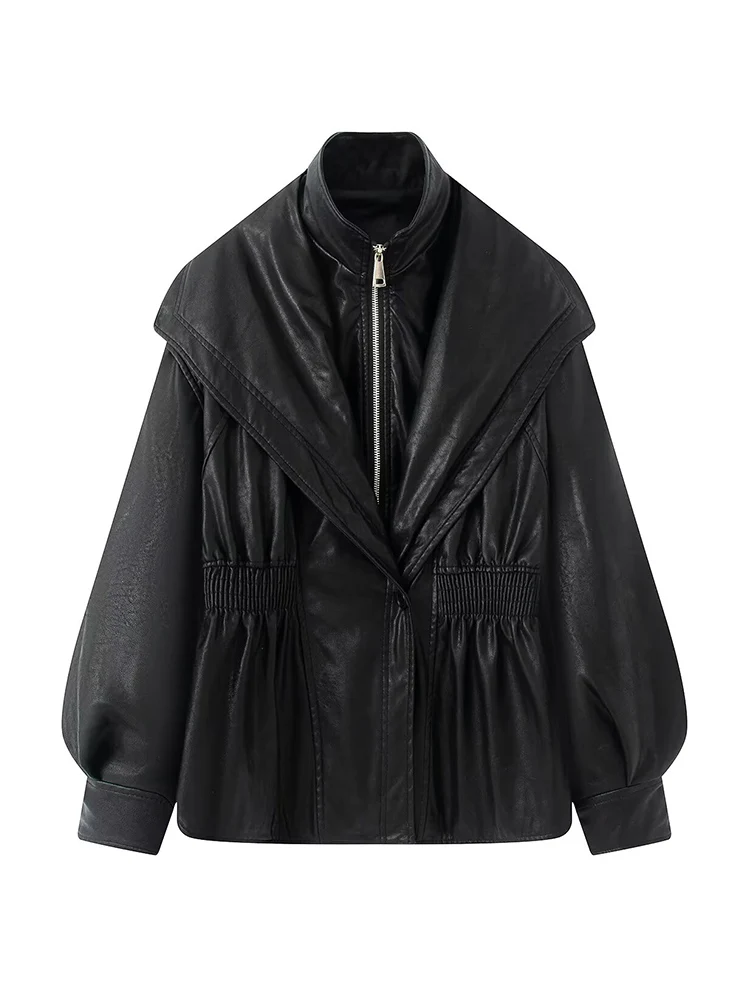 المرأة بولي Leather الجلود الصلبة سترة معطف كم كامل الوقوف طوق الإناث سترة ضئيلة 2025 الخريف الشتاء Vintage 2 في 1 سيدة أبلى