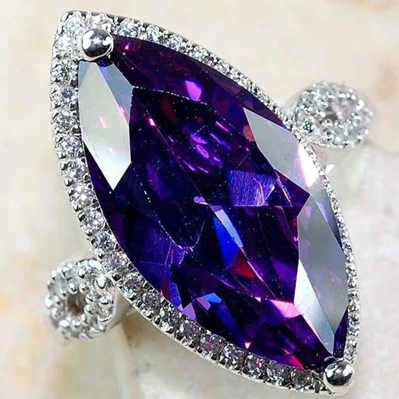 New Purple Marquise Zircon Ring, Popular European & American Women's Engagement Jewelry