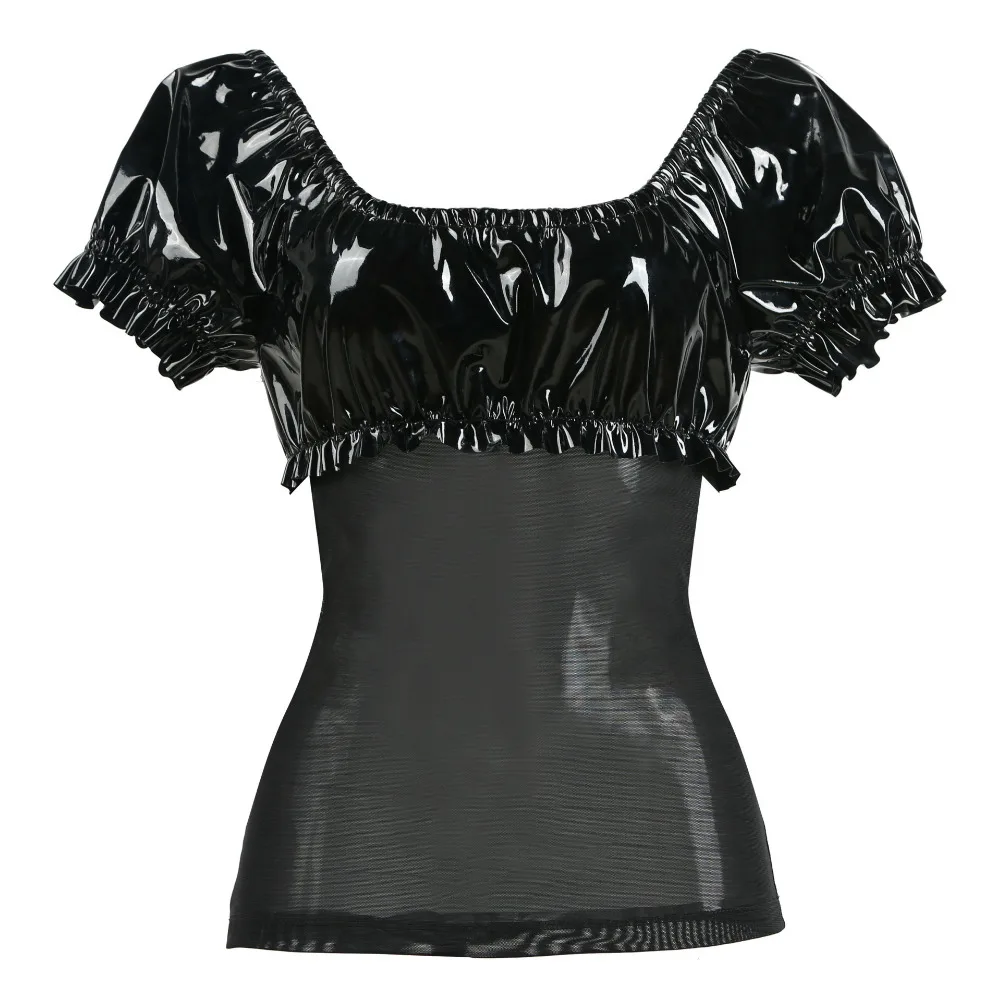 

Punk Gothic Black PVC Latex Mesh Spliced Slash Neck Top Exotic Faux Leather Short Sleeves T-Shirt Club Party Costume