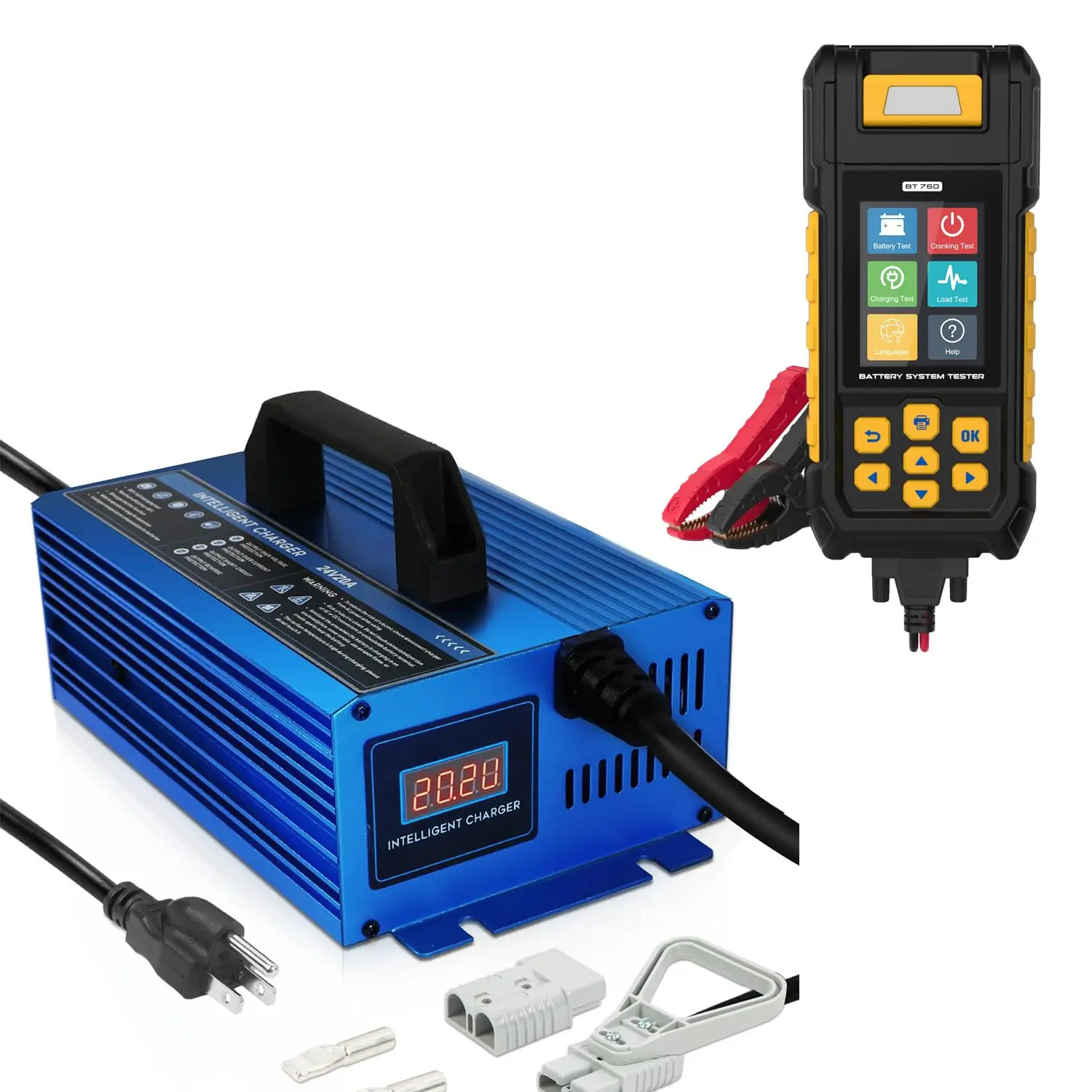 

24 В, 20 А, полностью автоматическое зарядное устройство для вилочного погрузчика с ЖК-дисплеем, тестер батареи BT760, 12 В/24 В, 30-2000 CCA