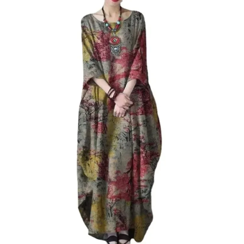 SuperAen 2022 New Loose Printed Cotton Linen Round Neck Long Sleeved Vintage Oversize Dress Women Boho Long Maxi Dress