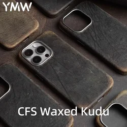 YMW Charles F Stead Waxed Kudu Genuine Leather Case for iPhone 16 Pro Max 15 Luxury Genuine Leather Handmade Phone Cover