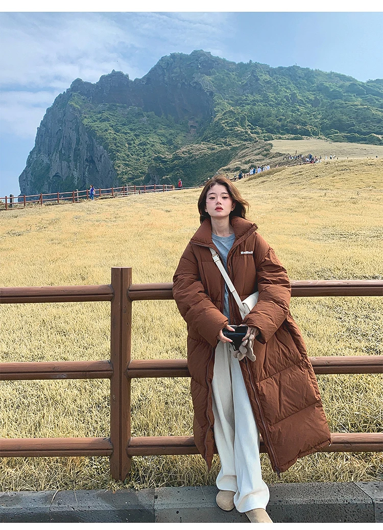 معطف منتفخ بني بطول الركبة للنساء شتوي كبير الحجم سميك بياقة واقفة سترة قطن كورية طويلة سترات خبز دافئة #3
