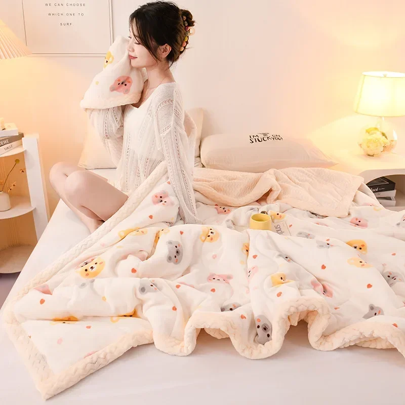 New Thicken Autumn Winter Warm Blankets for Beds Printed Beibei Velvet Warmth Fluffy Blanket Soft Comfortable Weighted Blankets