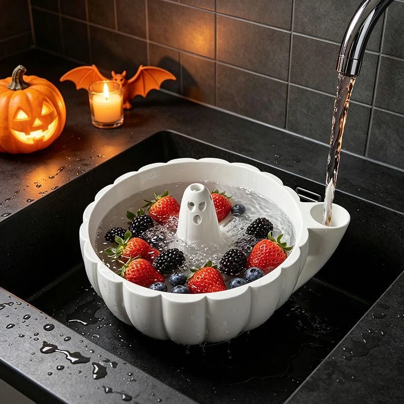 Fruit Swirling Washer Halloween 3D Printed Pumpkin Shape Berry Washing Bowl 360° Vortex Cleaning Rinsing Colander for Kitchen