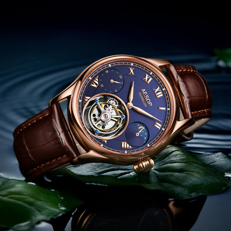 Aesop jam tangan mekanis pria, arloji Tourbillon Manual gerakan modis multifungsi Dial Stainless Steel kulit safir 7020