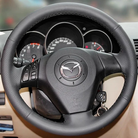 Чехол на рулевое колесо для Mazda 5 Mazda 3 Mazda 6 2003-2009 DIY Сшитый вручную черный чехол для рулевого колеса из искусственной кожи