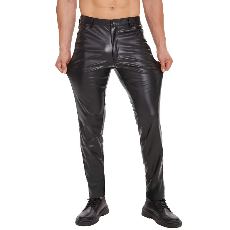 Mens Faux Leather Pants Leggings Fitness Pocket Casual Elastic Trousers Gothic Latex Streetwear Pants Pantalones Clubwear 3XL