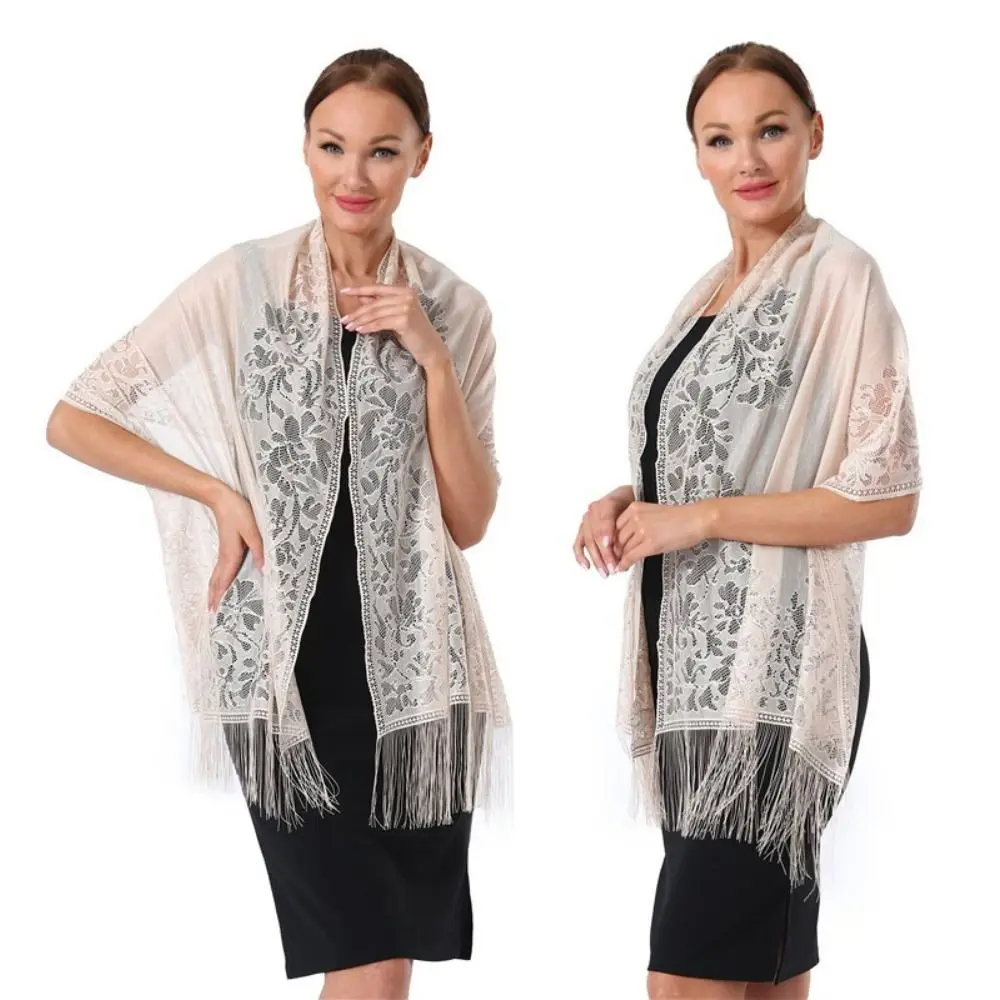Cloak With Tassel Lace Shawl Hollow Solid Color Evening Prom Cape Tulle Shawl Party