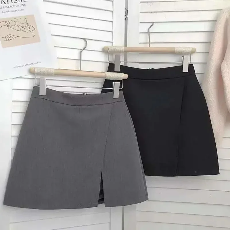 Schwarz Grau Frauen Röcke A-Line Koreanischen Stil Hohe Taille Split Mini Rock Frau Einfache Casual Büro Shorts Röcke Weibliche