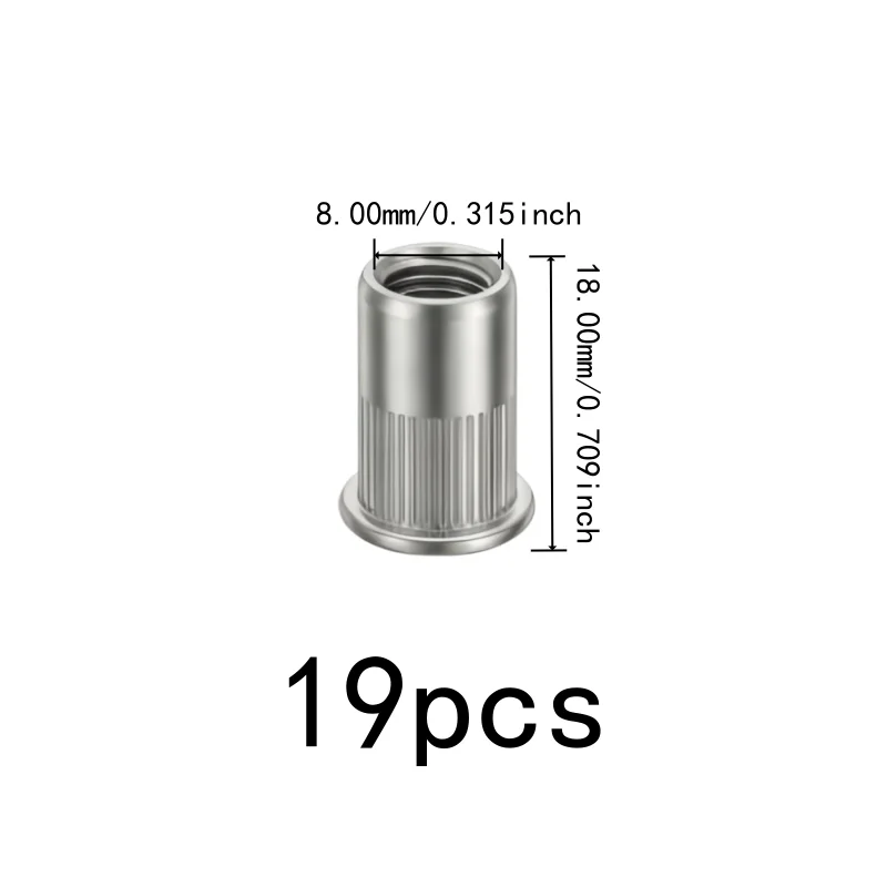 19 pcs M8 Flat Head Rivet Nuts, Furniture Assembly, Flat Head Knurled Body, Corrosion Resistant, Multipurpose