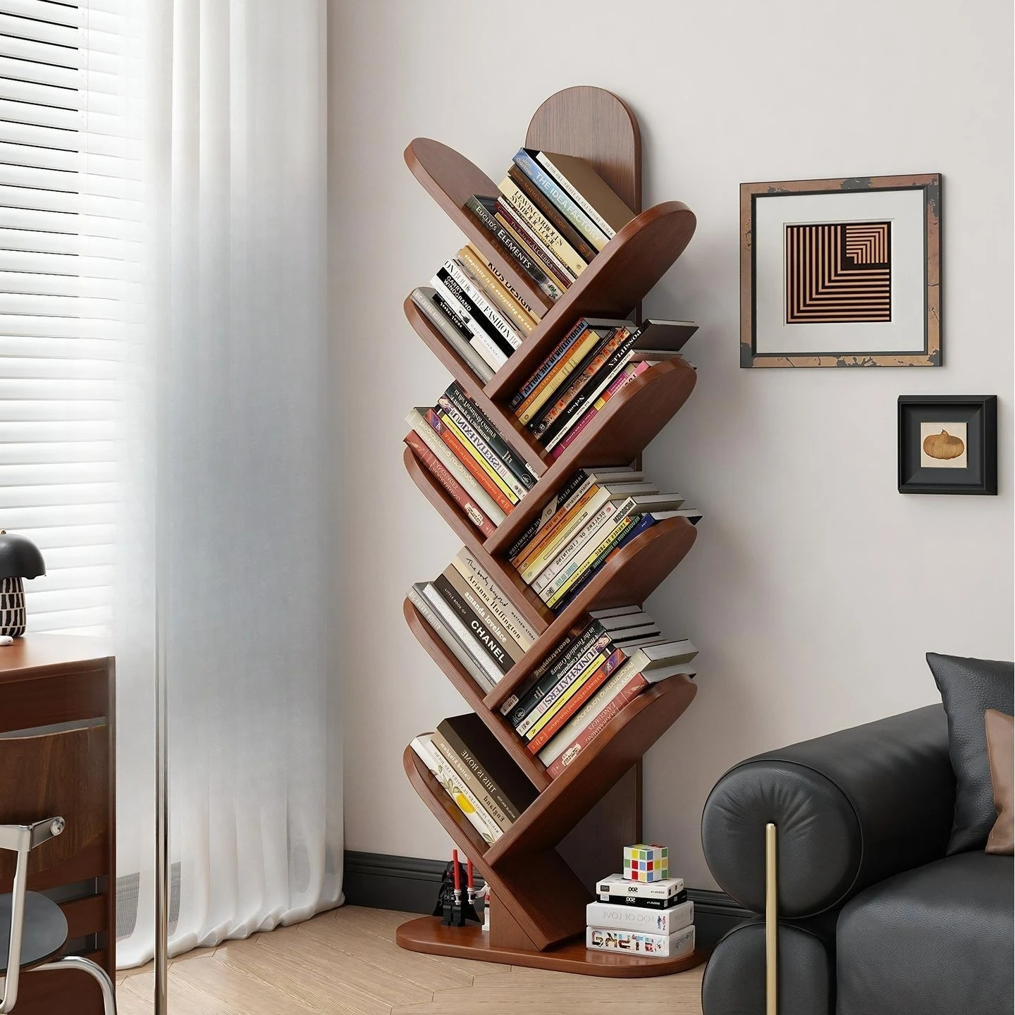 

Solid wood tree shaped bookshelf Floor shelf Living room integrated against