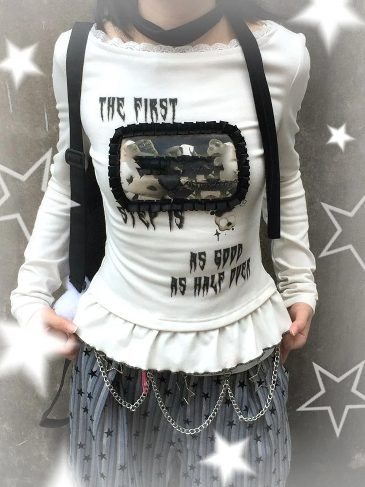 Harajuku impressão dos desenhos animados bonito camisetas streetwear fino ajuste y2k estética babados outono camisas femininas grunge blace retalhos topos