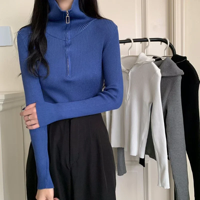 Xpqbb sweter rajut abu-abu antik wanita, jaket dasar polos Turtleneck Pullover ritsleting musim semi musim gugur untuk perempuan