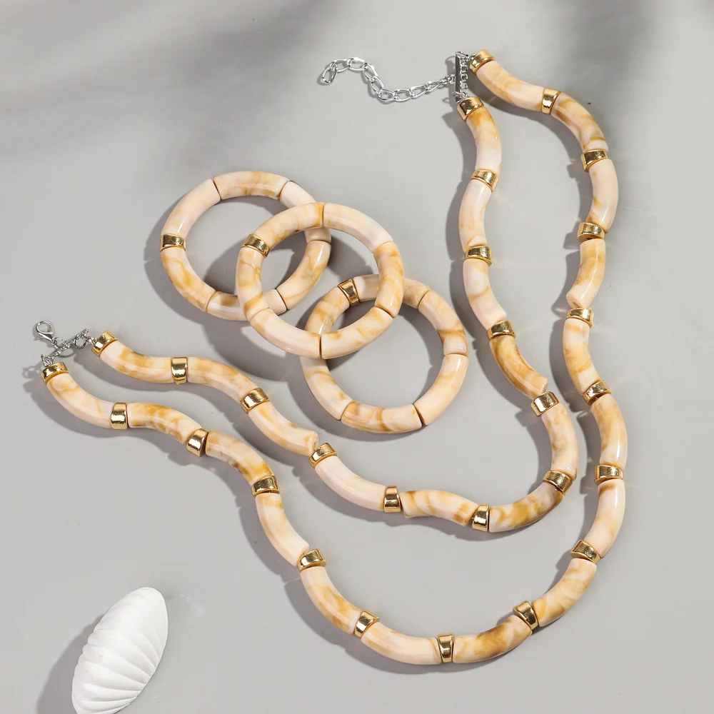 Neue Acryl-Doppelschicht-Bambus-Perlenkette für Damen, Statement-Halskette mit gebogenem Rohr, Stapel-Choker, Armband, Retro-Schmuck, Collier, Geschenk – Detail 5