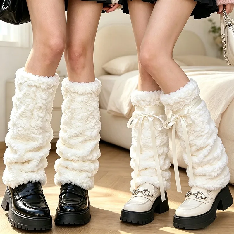 Plush Leg Warmers Soft Y2K Lolita Style Embossed Slouchy Socks with Bow Ribbon Warmers for Women Skirt Dress Shoes Autumn Winter