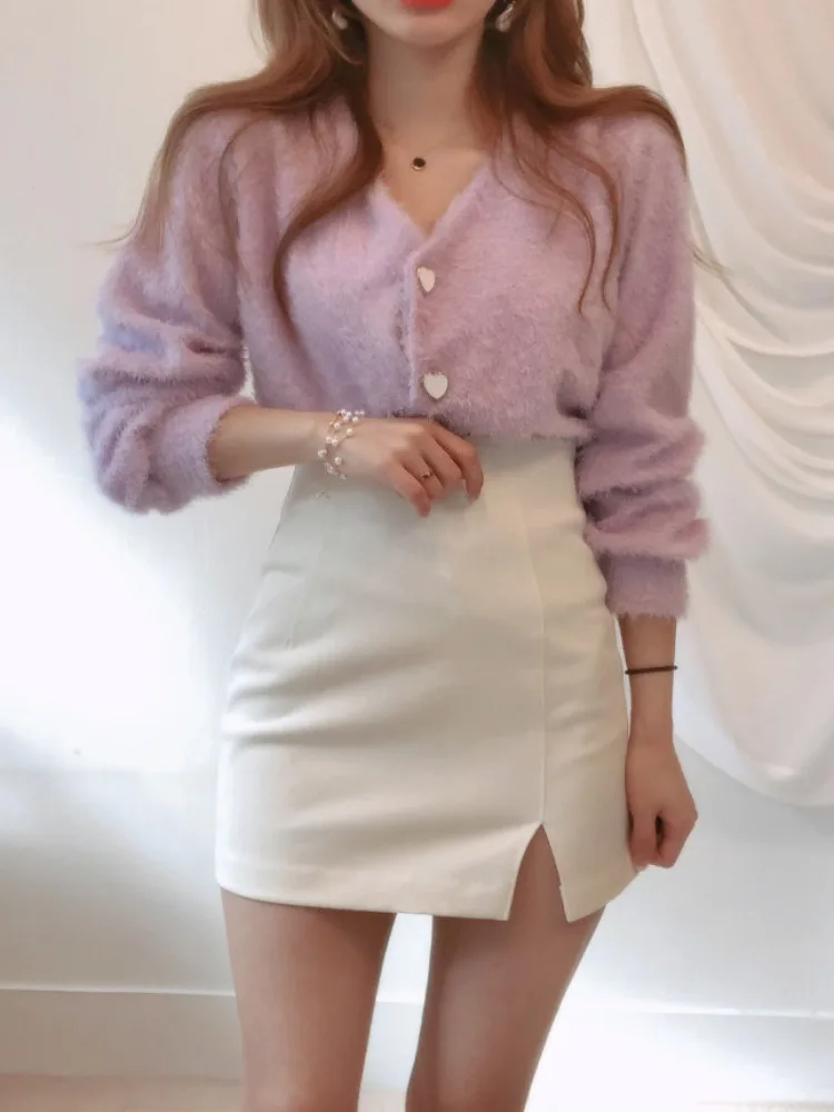 Chic Autumnal Soft Purple V-Ne Ele Heart Button Mink Knitted Open Cardigan Sweater Outerwear Faionable Commute
