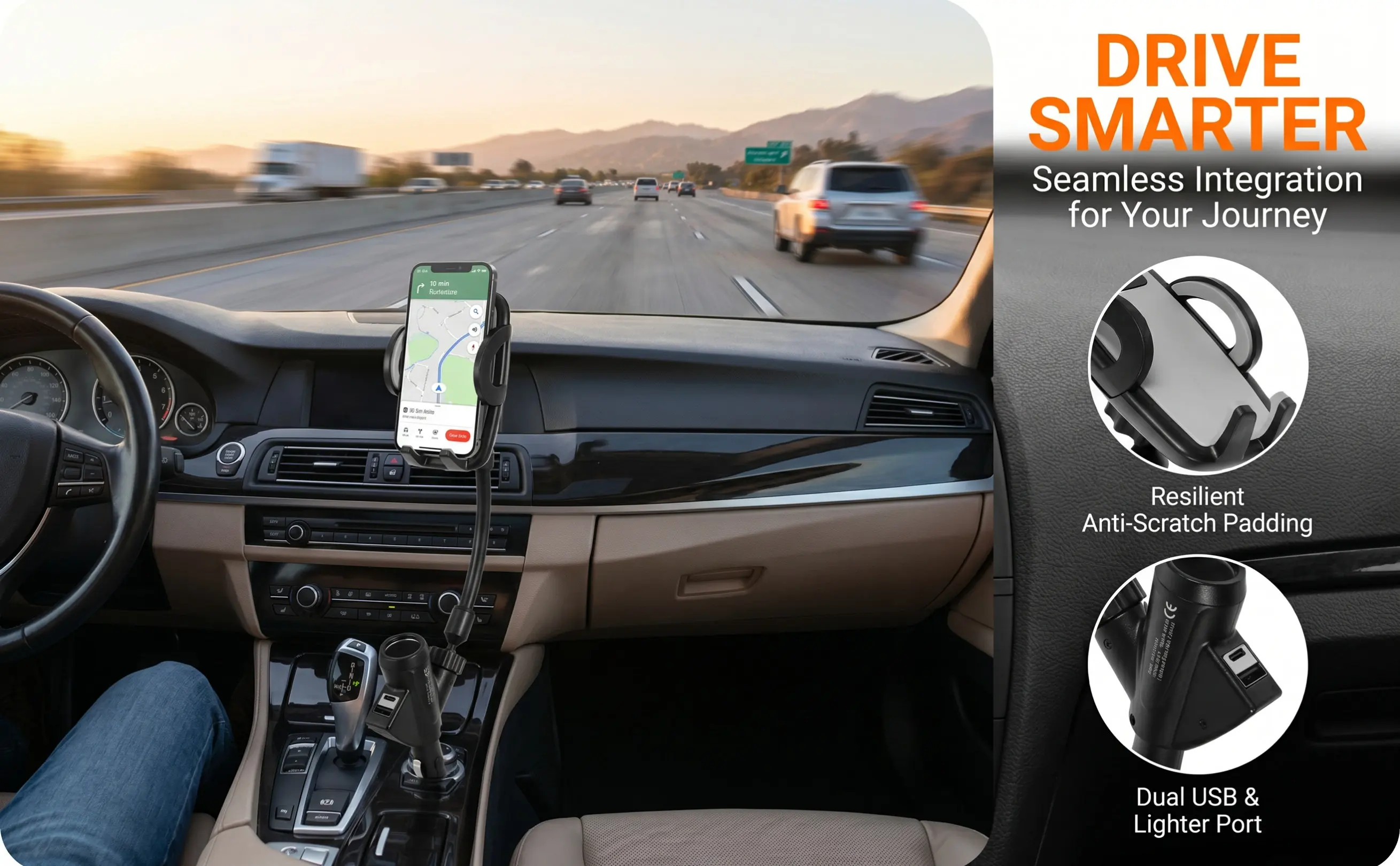 Car Phone Holder Mount Dual USB Charger for 3-6.5 Inch Devices Cigarette Lighter Adapter 5V 1A Output Sturdy ABS Pc Build Anti