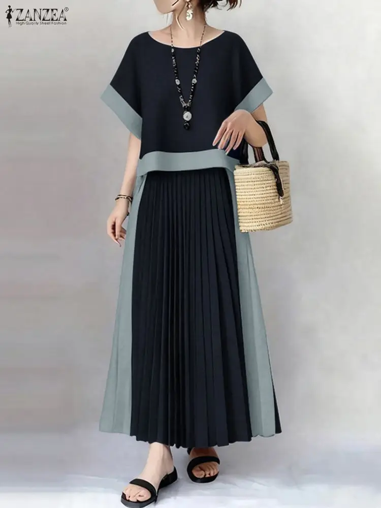 ZANZEA Women Fashion Summer Dress Sets Short Sleeve Tops Maxi Skirts 2PCS Casual Loose Pleated Color Patchwork 2 Piece Outfits