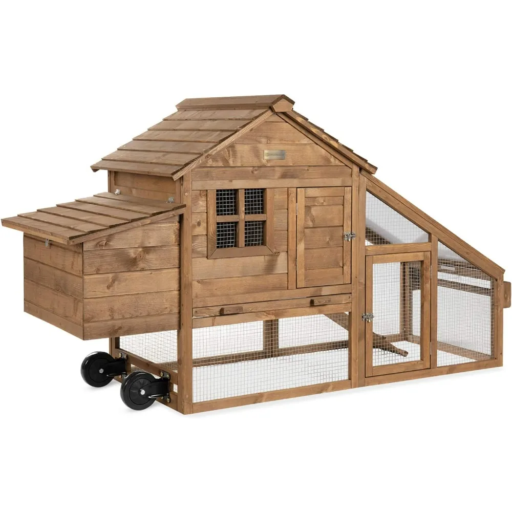 Mobile Fir Wood Chicken Coop Hen House Poultry Cage 71in for 3-5 Hens, Outdoor, Animal Care w/Wheels,Removable Tray, UV Panel