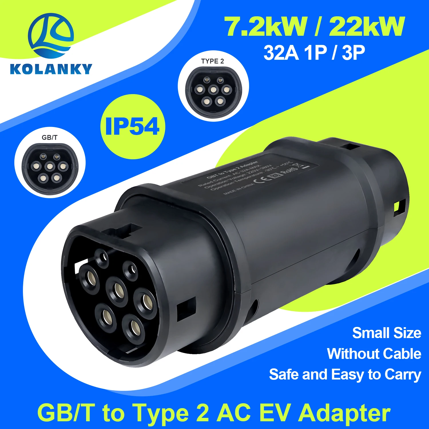 Kolanky GBT To Type 2 EV Adapter 32A 7.2KW Home AC Charging 22KW Adaptor For EU Type 2 Electric Vehicle Cars Conventor