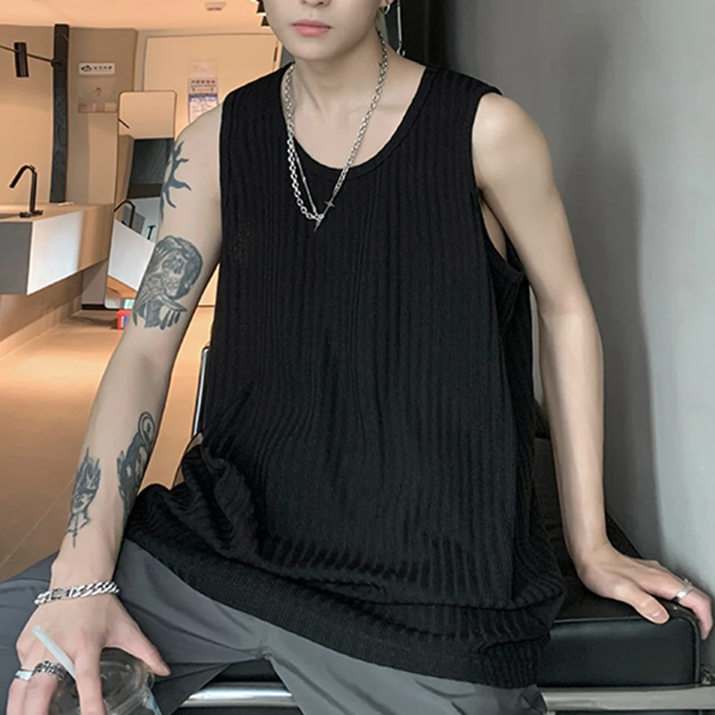 

Свободный крой, модный мужской жилет без рукавов, новый модный топ с круглым вырезом, полиэфирная ткань, повседневная одежда обычной длины