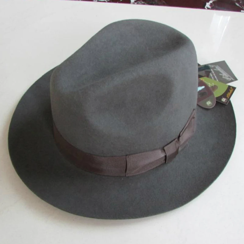 LIHUA Brand Men\'s Wool Felt Water Repellent Outback Fedora , Costume Accessory Gangster Black Pinched Hat with Grosgrain