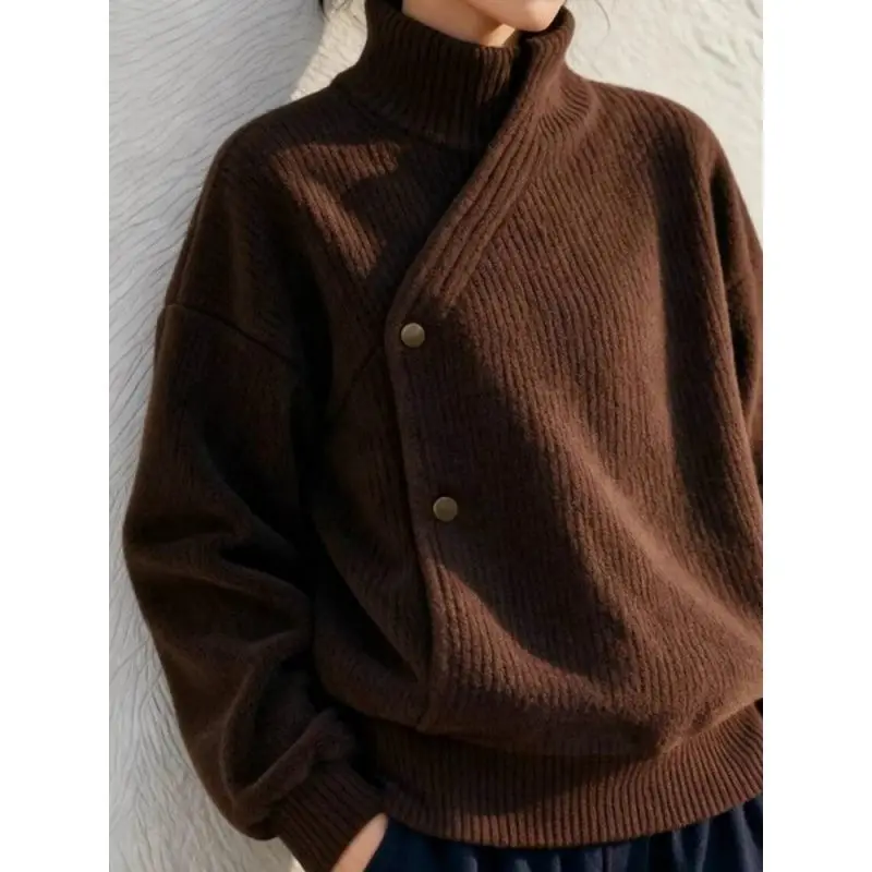 Vintage élégant marron pull pull col montant irrégularité bouton haut en tricot haut de gamme dame-chique tenues d'hiver bureau dame